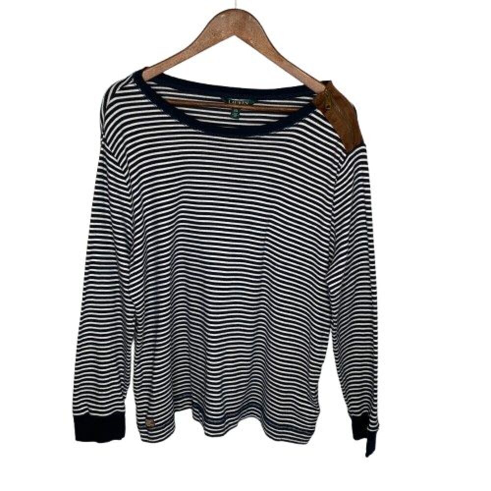 Lauren Ralph Lauren Womens Striped T Shirt Size 2X‎ Elbow Patches Preppy Western